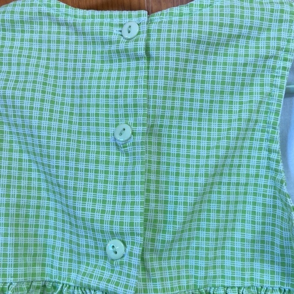 Bonnie Jean Sleeveless Square Neck Green Checkered Cotton Dress Pink Ribbon Trim - Picture 5 of 10
